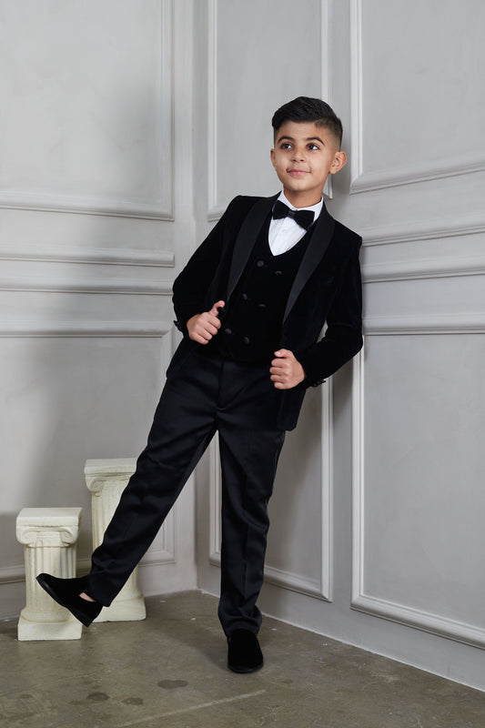 OMC 3-Pieces Boy's Velvet Slim Fit Jacket, Vest and Bow tie Set (Black)