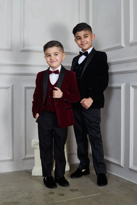 OMC 3-Pieces Boy's Velvet Slim Fit Jacket, Vest and Bow Tie Set (Burgundy)