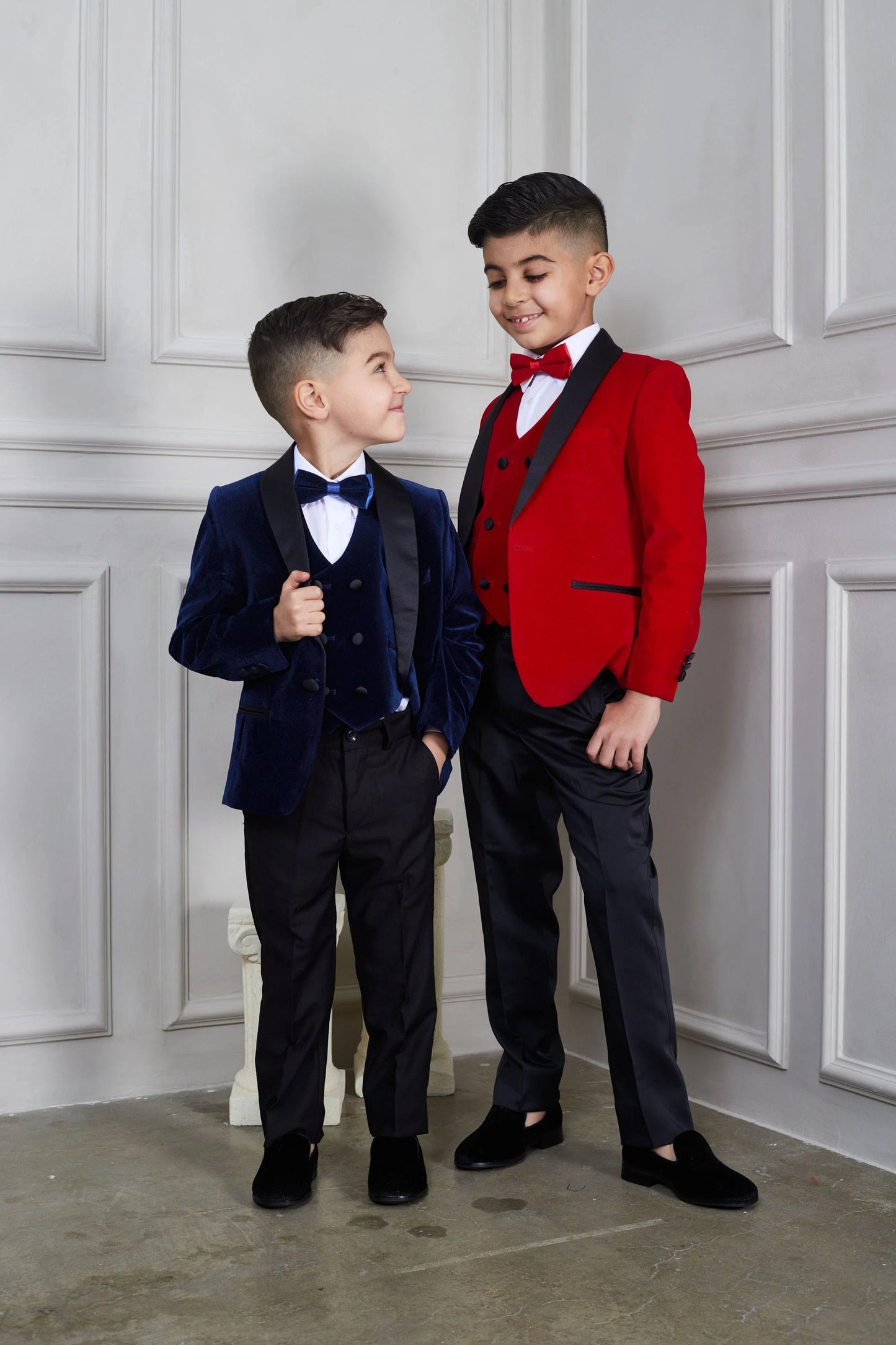 OMC 3-Pieces Boy's Velvet Slim Fit Jacket, Vest and Bow Tie Set (Navy)