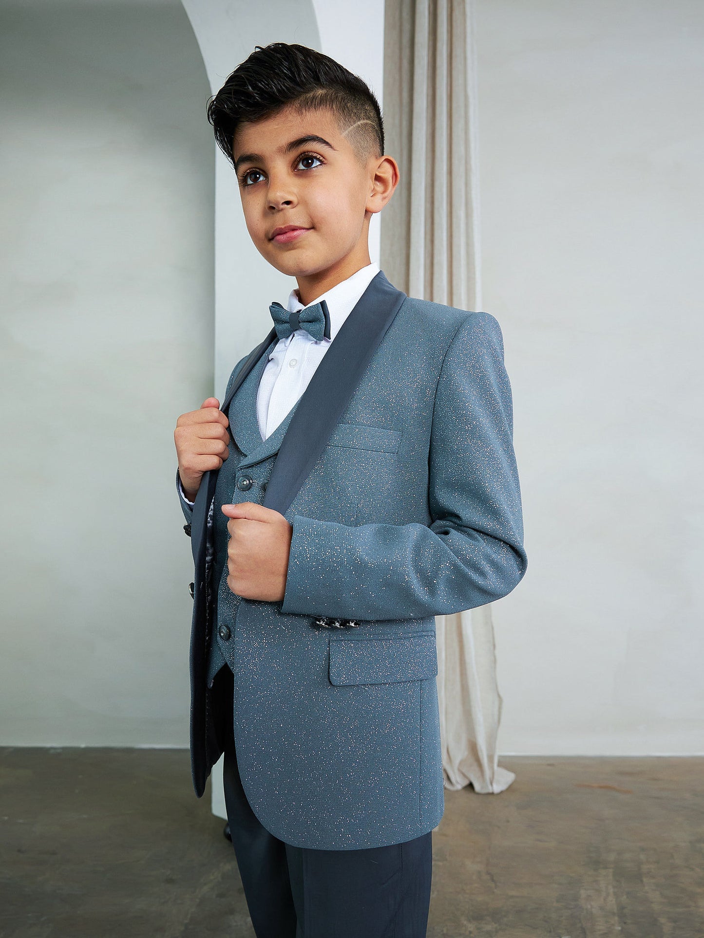 OMC 5-Pieces Boy's Slim Fit Grey Modern Sequin Tuxedo Set