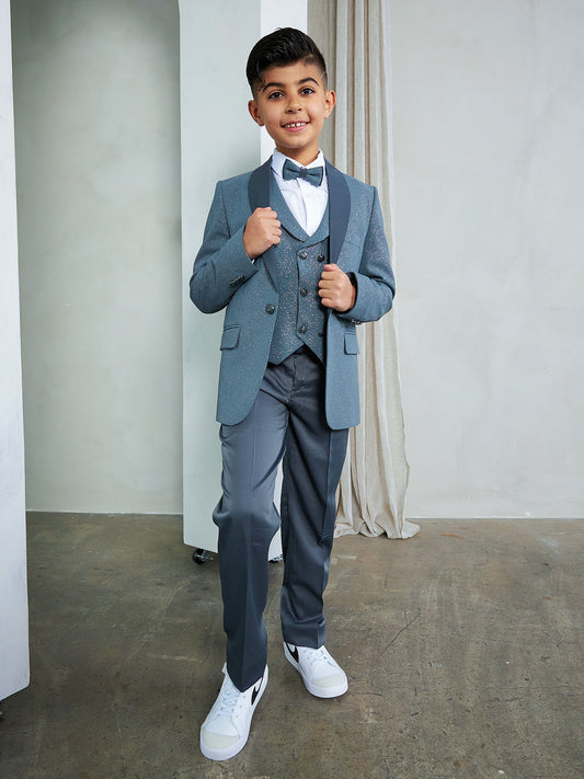 OMC 5-Pieces Boy's Slim Fit Grey Modern Sequin Tuxedo Set