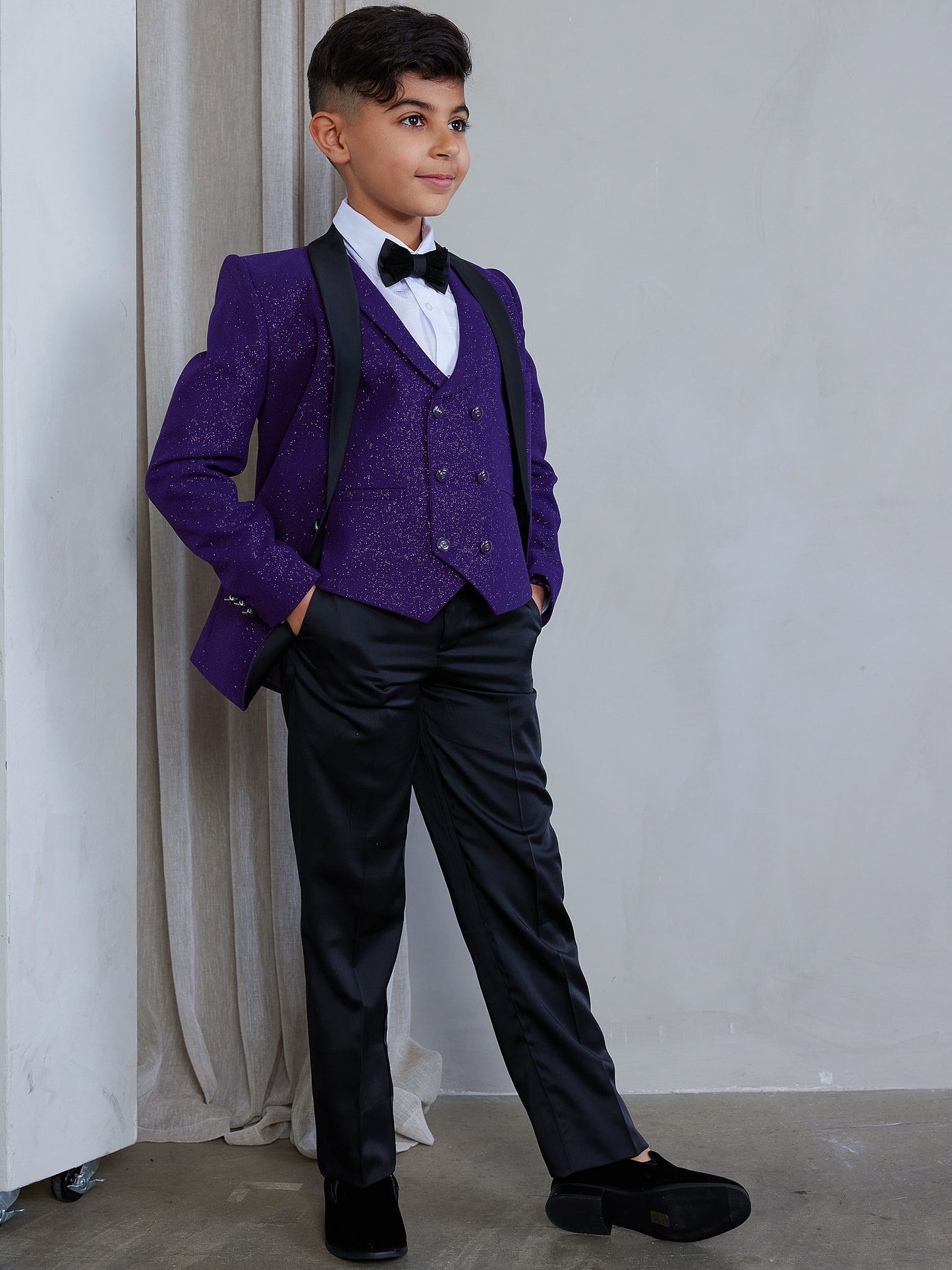 OMC 5-Pieces Boy's Slim Fit Plum Modern Sequin Tuxedo Set