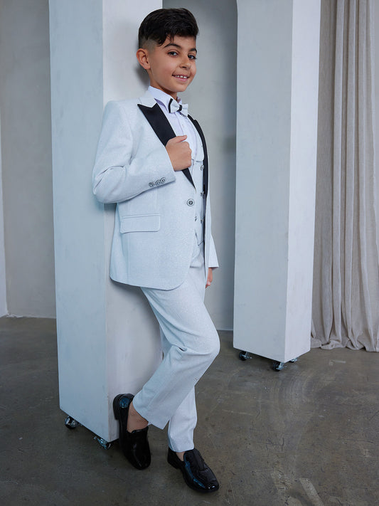 OMC 5-Pieces Boy's Slim Fit White Modern Sequin Tuxedo Set