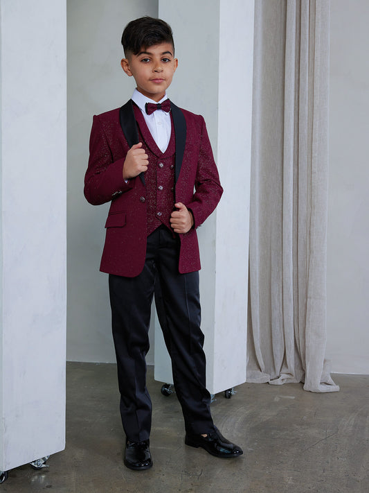 OMC 5-Pieces Boy's Slim Fit Burgundy Modern Sequin Tuxedo Set