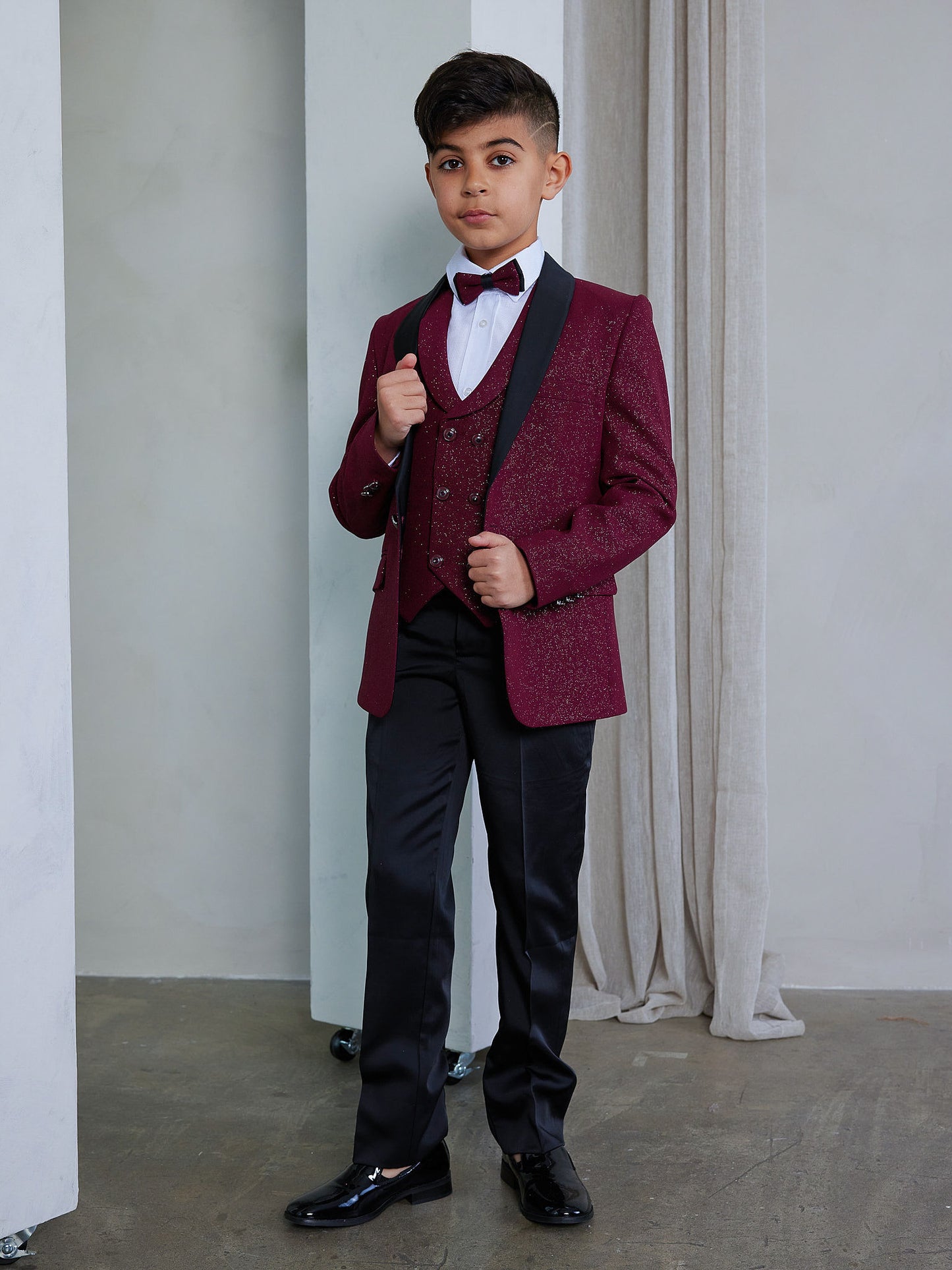 OMC 5-Pieces Boy's Slim Fit Burgundy Modern Sequin Tuxedo Set