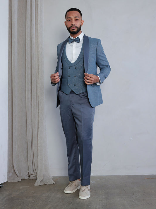 OMC Signature Men's Slim Fit Grey Modern Sequin Tuxedo Set (3-Pieces)