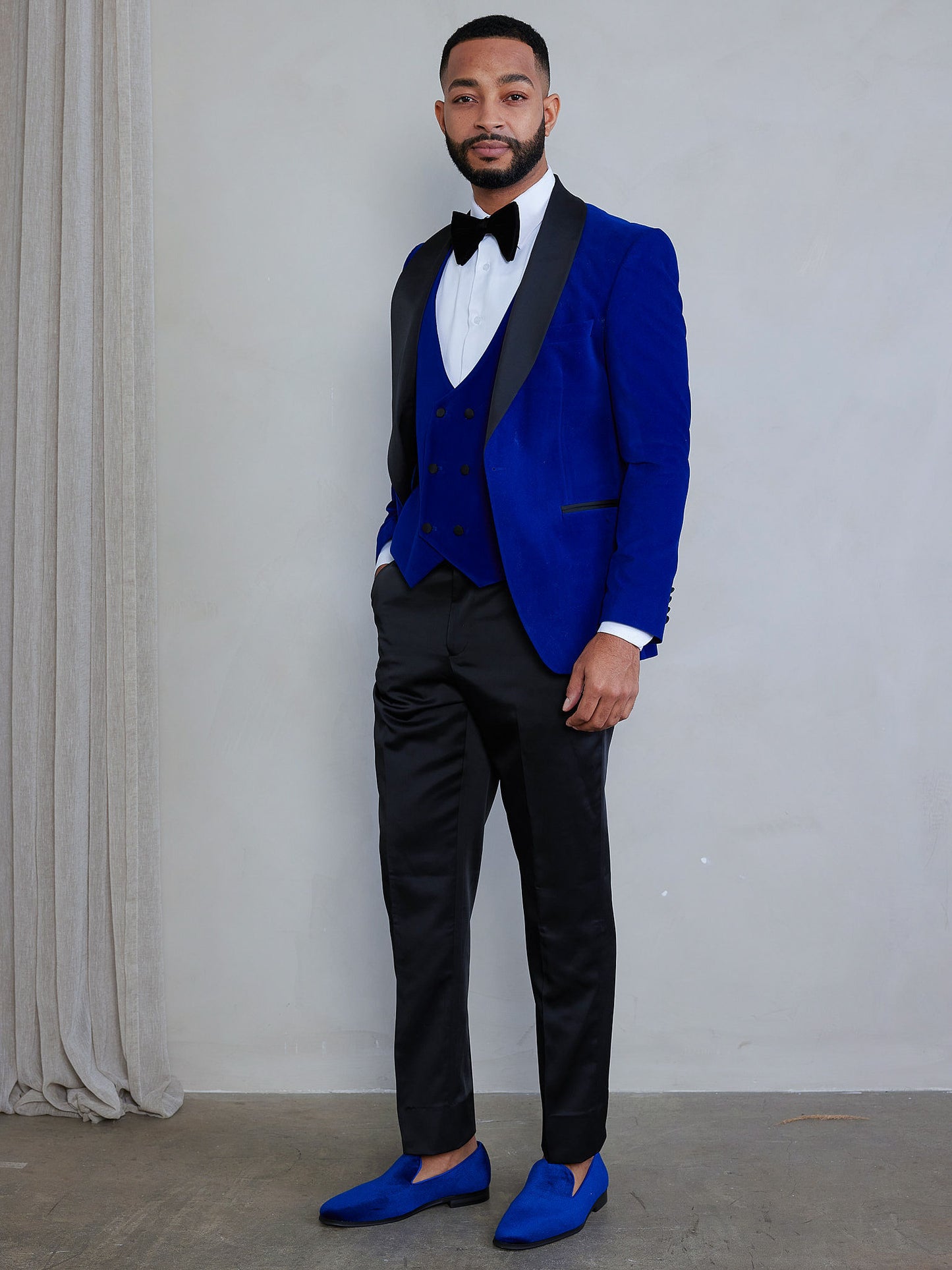 OMC Signature 3-Piece Blue Men's Velvet Shawl Lapel Slim Fit Tuxedo Set