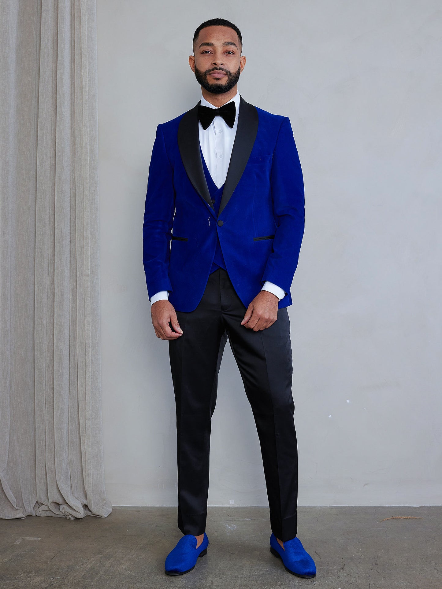 OMC Signature 3-Piece Blue Men's Velvet Shawl Lapel Slim Fit Tuxedo Set