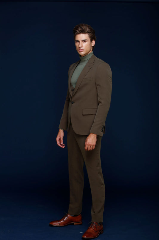 Men's 3-Pieces Slim Fit Peak Lapel Olive Color Wool Suit