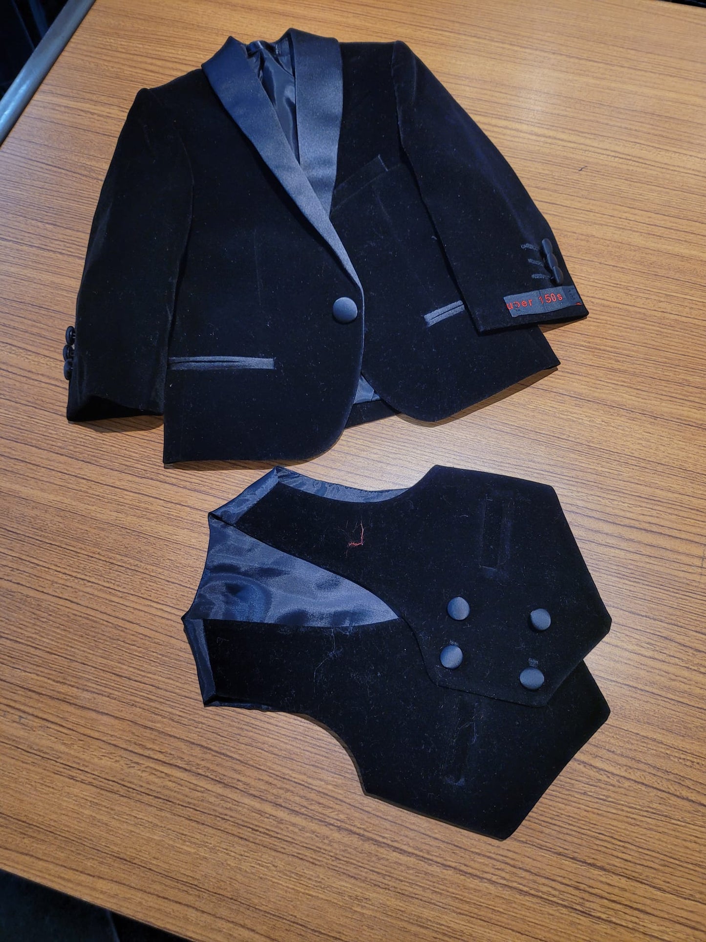 OMC 3-Pieces Boy's Velvet Slim Fit Jacket, Vest and Bow tie Set (Black)