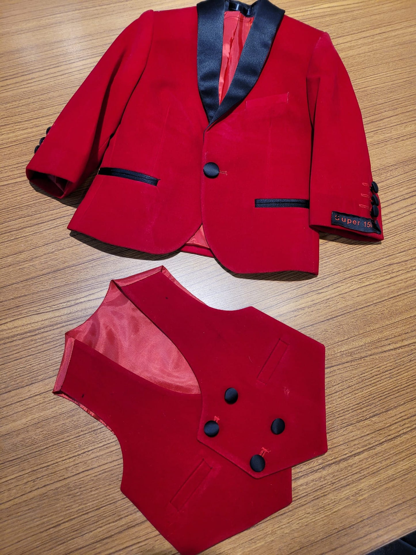 OMC 3-Pieces Boy's Velvet Slim Fit Jacket, Vest and Bow Tie Set (Red)