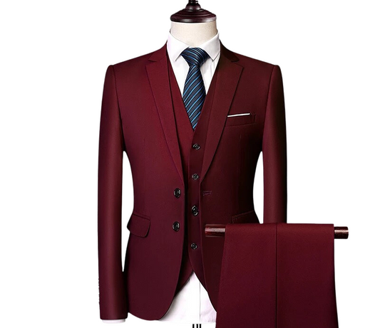 OMC Signature Men's Burgundy Notch Lapel Slim Fit Suit (3-Pieces)
