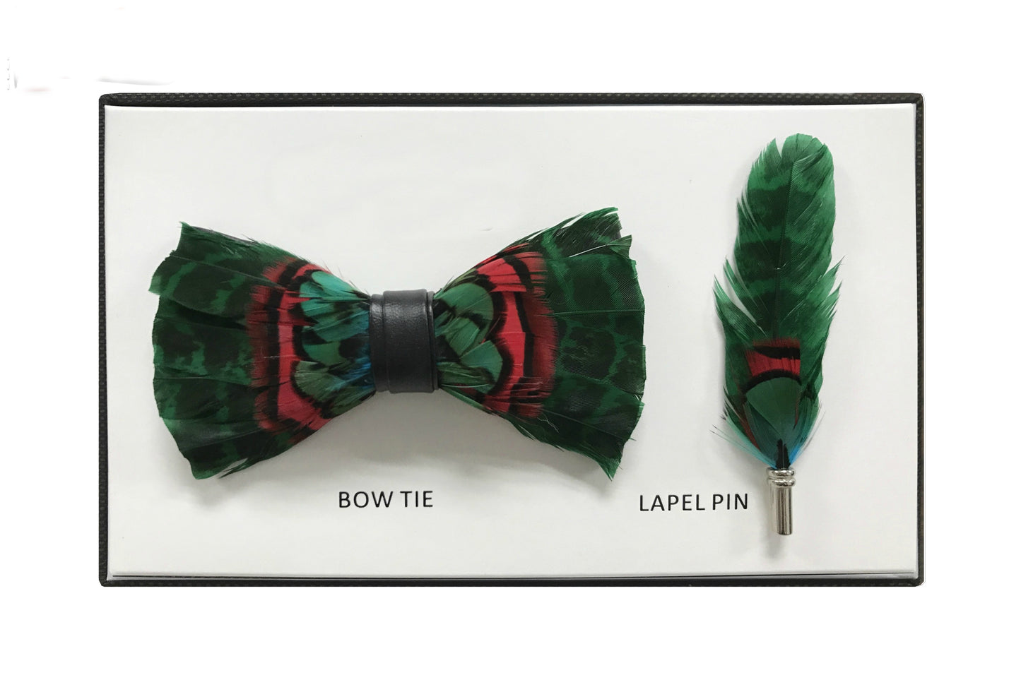 Men's Premium Red & Green Feather Fashion Bow Tie Accessories Set
