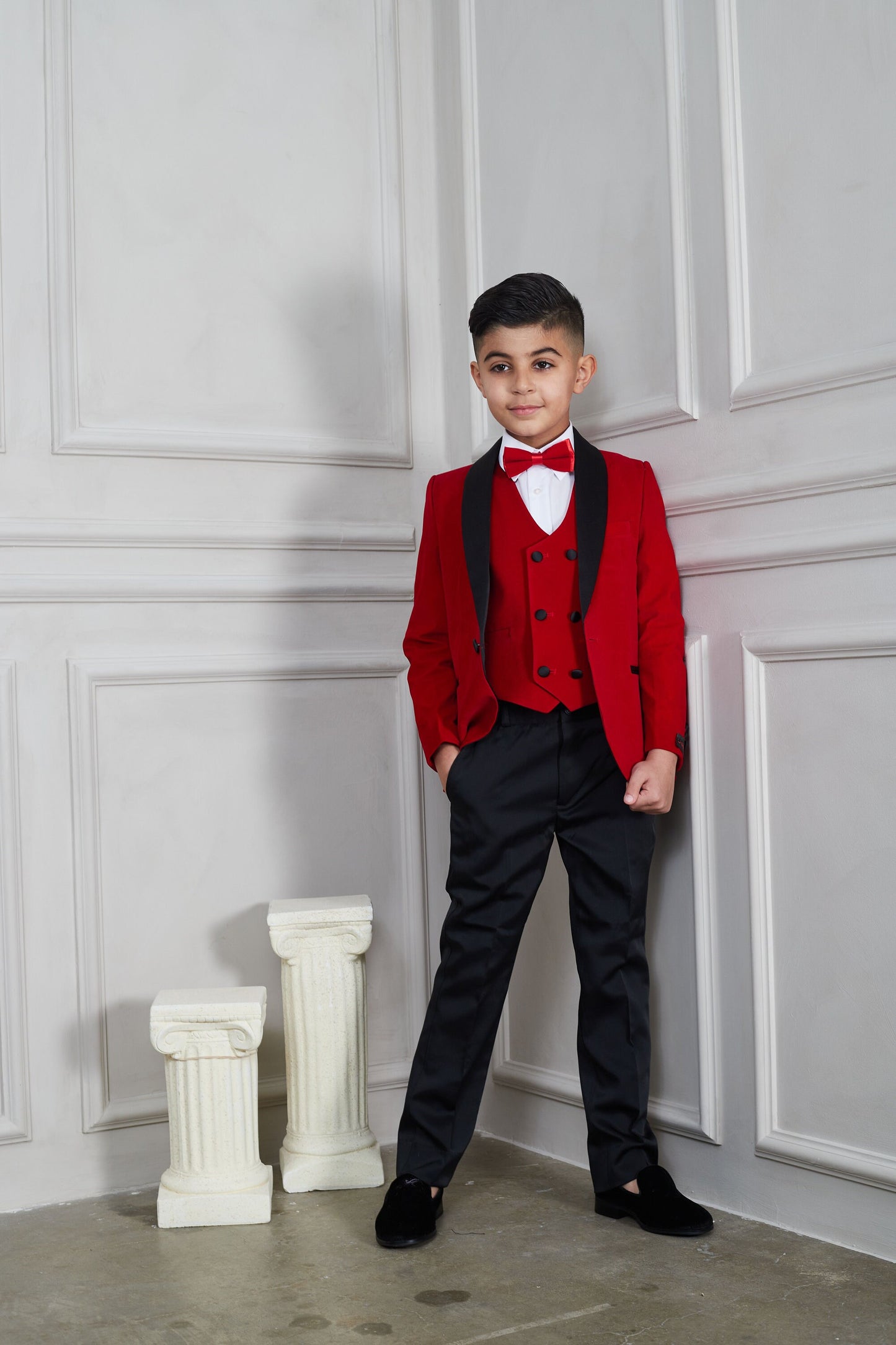 OMC 3-Pieces Boy's Velvet Slim Fit Jacket, Vest and Bow Tie Set (Red)