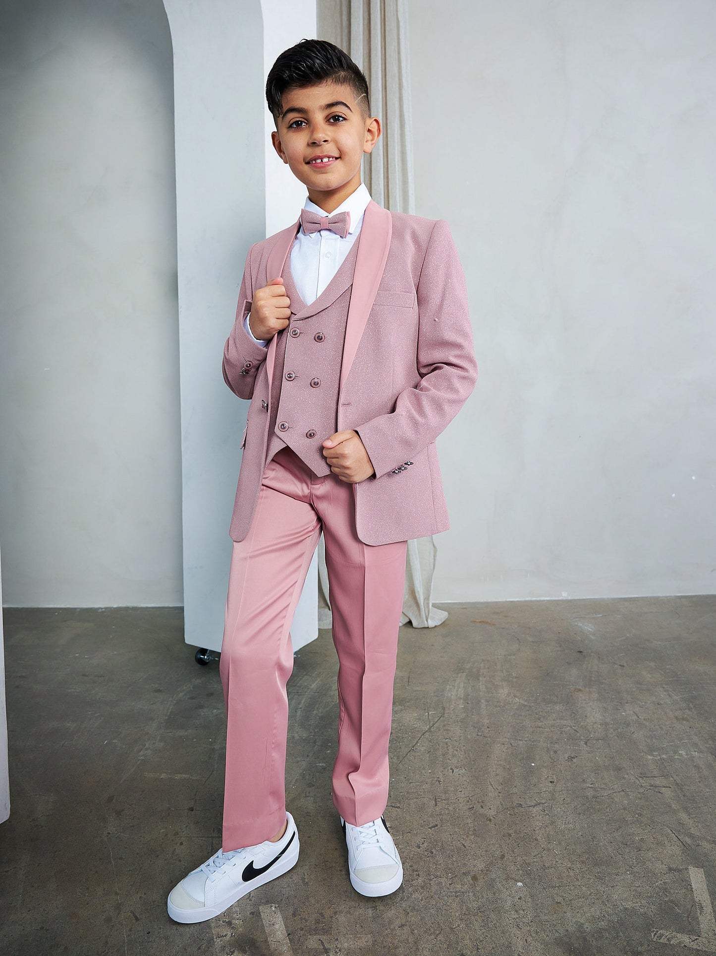 OMC 5-Pieces Boy's Slim Fit Blush Modern Sequin Tuxedo Set