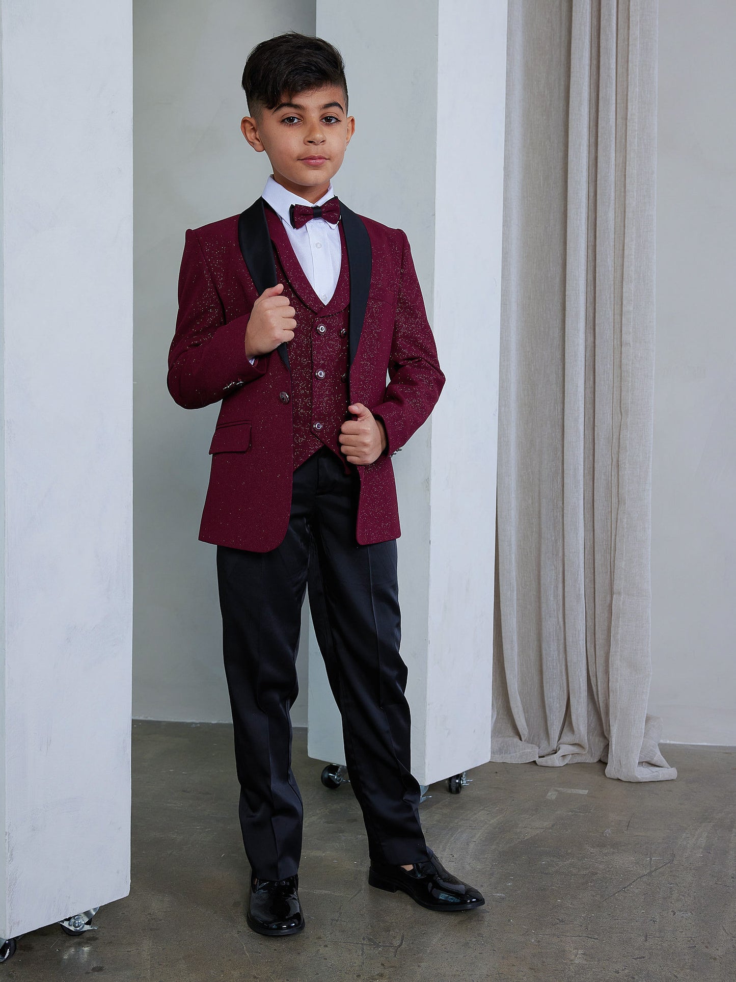 OMC 5-Pieces Boy's Slim Fit Burgundy Modern Sequin Tuxedo Set
