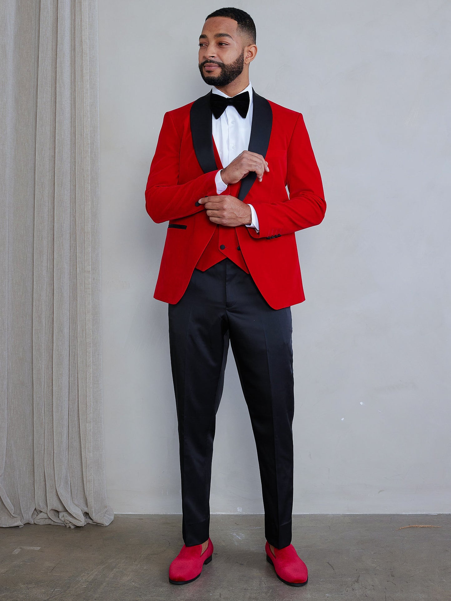OMC Signature 3-Piece Red Men's Velvet Shawl Lapel Slim Fit Tuxedo Set