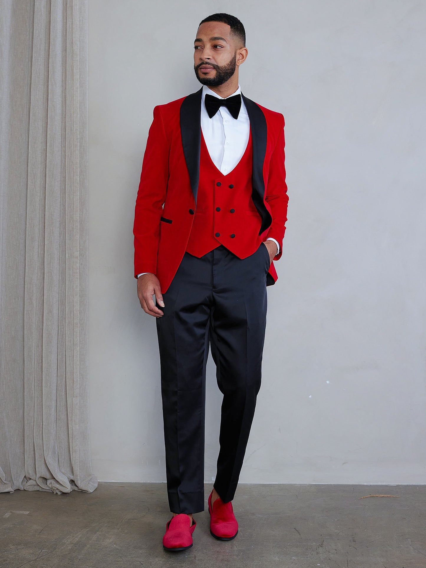 OMC Signature 3-Piece Red Men's Velvet Shawl Lapel Slim Fit Tuxedo Set