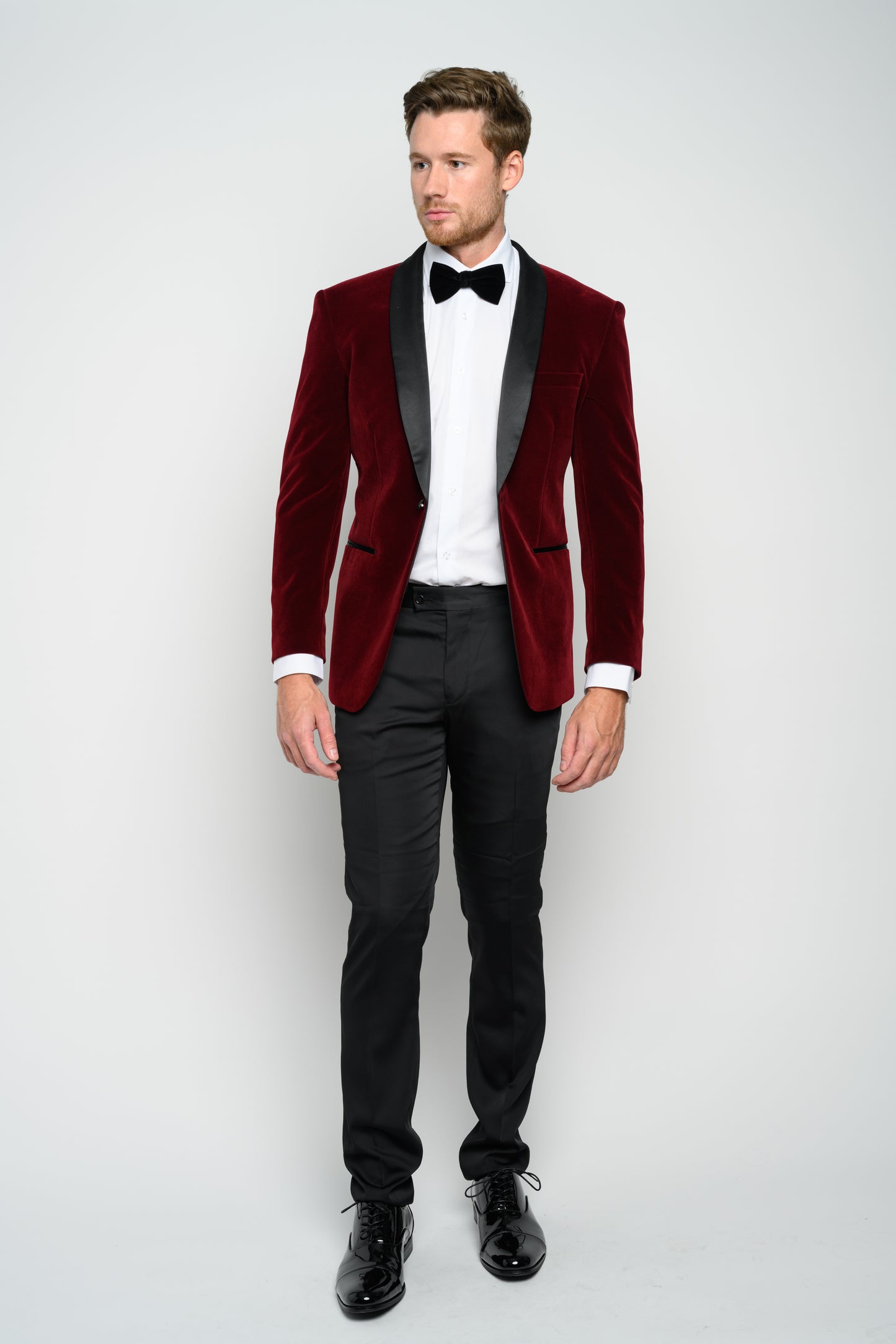 OMC Signature Men's Velvet Shawl Lapel Slim Fit Tuxedo Jacket (Burgundy)