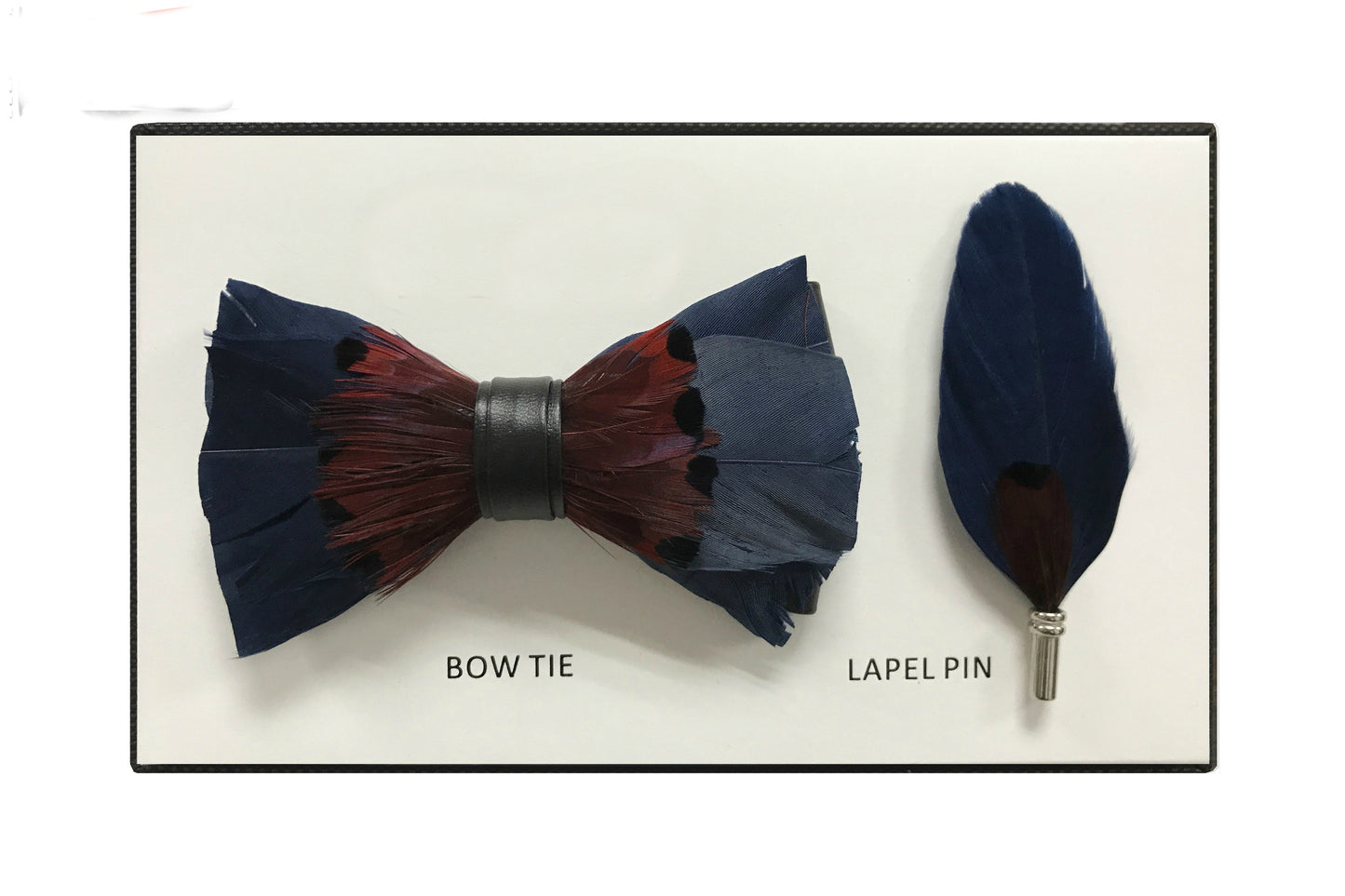 Men's Premium Navy & Burgundy Feather Fashion Bow Tie Accessories Set