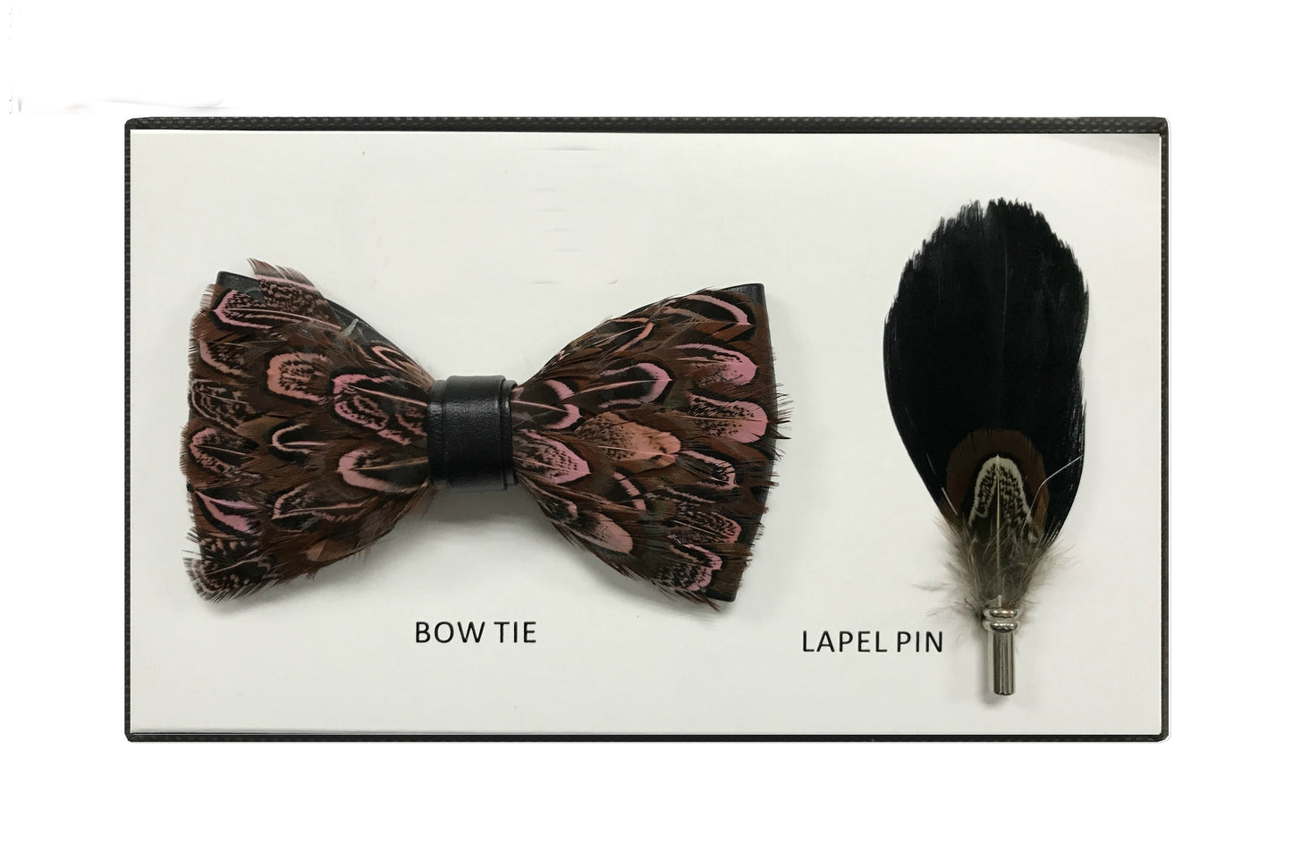 Men's Premium Blush & Brown Feather Fashion Bow Tie Accessories Set